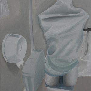person covered in cloth using a toilet