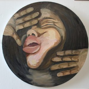 painting of a face that's pressed against a window