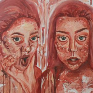 an orange painting of two girls